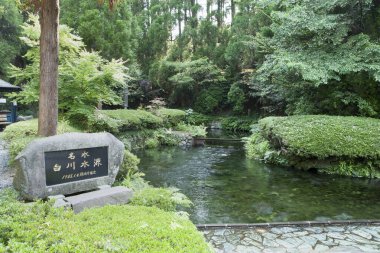 Japonya 'da Japon bahçesi ve kaplıcaları, arka planda seyahat yeri