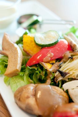 Sebzeli salata ve beyaz tabakta et, yakın plan.