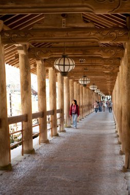 Antik Japon tapınağındaki ziyaretçilerin manzaralı görüntüleri