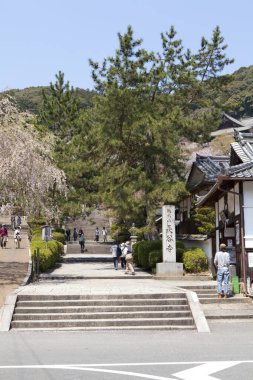 Antik Japon tapınağındaki ziyaretçilerin manzaralı görüntüleri