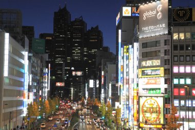 Tokyo, Japonya 'da binaları ve insanları olan modern şehir manzarası. 