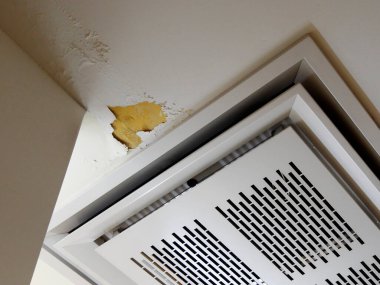 Hasarlı tavan köşesi boyayı ve havalandırmayı gösteriyor.