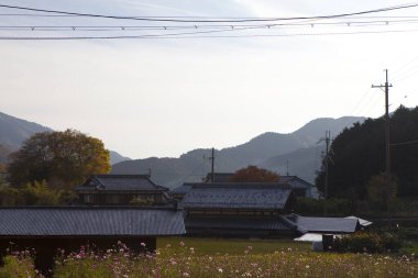 Dağlarda köyü olan güzel kırsal alan, Japonya