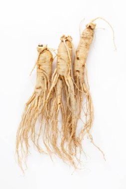 Beyaz arka planda izole ginseng kökleri, Japon geleneksel tıbbı