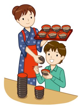 Gülümseyen çocuğa yemek servisi yapan kadın.