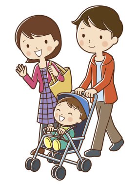 Beyaz arka planda üç kişilik mutlu bir ailenin çizgi film çizimi