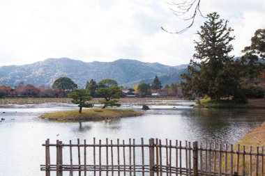 Göllü, ağaçlı ve dağlı güzel bir park manzarası.  