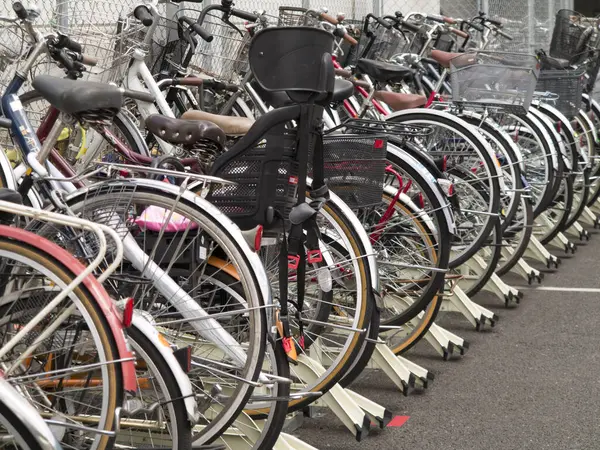 许多自行车停放在城里 — 图库照片