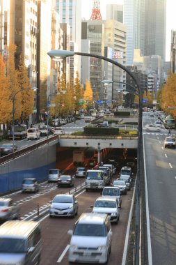 Tokyo, Japonya 'da yoğun trafik olan şehir manzarası