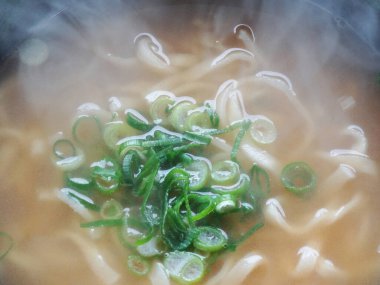 Bir kase yeşil soğanlı erişte, yaklaşın.