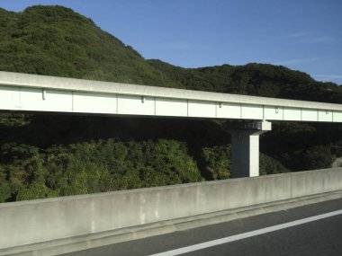 Arka planda ağaçlarla kaplı tepeleri olan köprü manzarası    