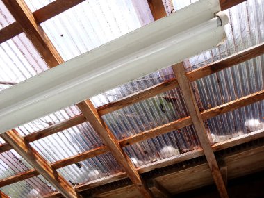 Flüoresan lamba ahşap kirişlerin altında asılı ve temiz çatı panelleri