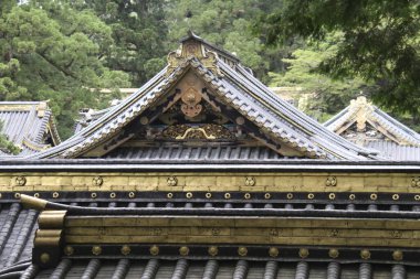 Yeşil ağaçlar arasında altın aksanlı Japon tapınağının çatısını süsleyin.