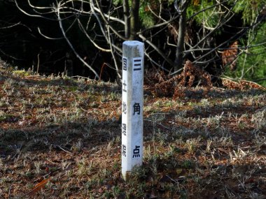 Beyaz sınır işareti kuru çimenlerin ve çalıların arasında duruyor