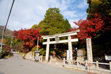 Turistler sonbahar mevsiminde geleneksel Japon bahçesini ziyaret ediyorlar