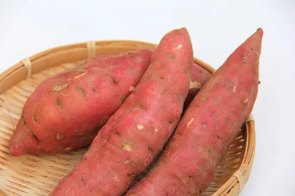 Close View Sweet Potatoes Basket White Background — Stock Photo, Image