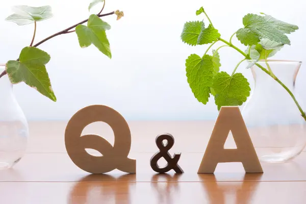 Symbol Wooden Table Concept Answers Questions Green Plants Vases — Stock Photo, Image