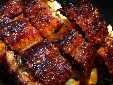 Pirinçli ızgara yılan balığı dilimleri.