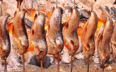 Kızarmış balık şişleri açık alevlerde kızarıyor.