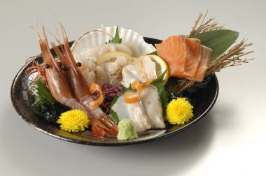 Deniz ürünleri, Japon mutfağı arka planda, yakın plan.