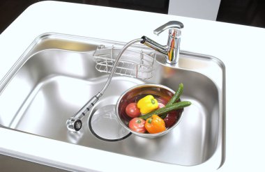 Paslanmaz çelik lavabo ve sebzeler