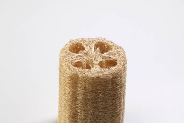 Sıfır atık. Beyaz arkaplanda izole edilmiş luffa süngerinin yakın plan fotoğrafı