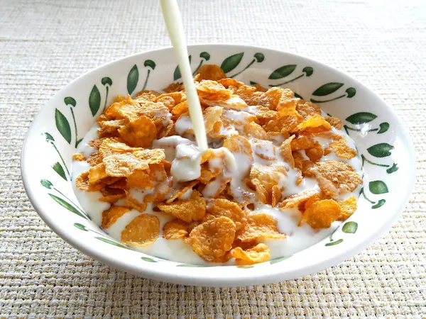 Breakfast Crispy Cornflakes Milk Bowl — Stock Photo, Image