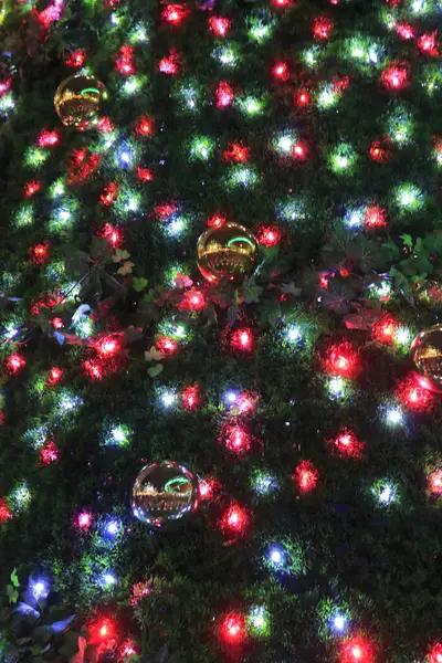 Vacker Julgran Med Grönt Och Rött Ljus Natten — Stockfoto