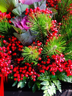 Kırmızı böğürtlenli ve yeşil dallı güzel Noel arkaplanı