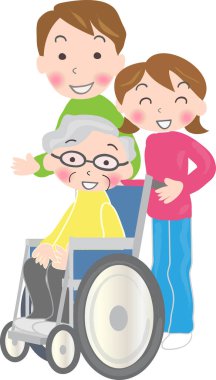 Gülümseyen yaşlı kadın tekerlekli sandalyede oturuyor ve torunları ayakta.