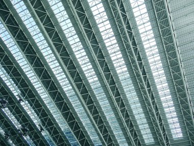 Çelik kirişler ve geometrik desenler içeren modern cam tavan