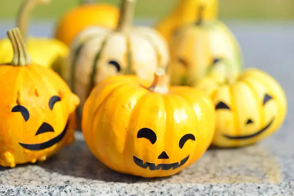 Closeup Halloween Pumpkins Jack Lanterns Halloween Background — Stock Photo, Image