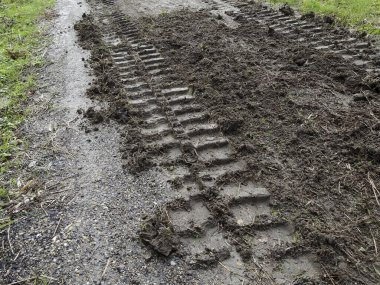 Kırsal toprak yol yüzeyini kaplayan çamurlu lastik izleri.