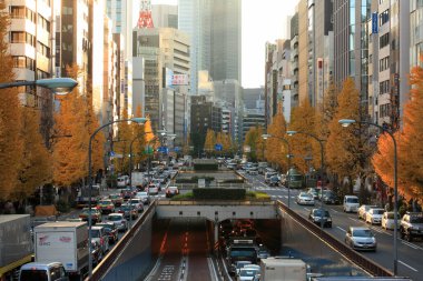 Tokyo, Japonya 'da yoğun trafik olan şehir manzarası