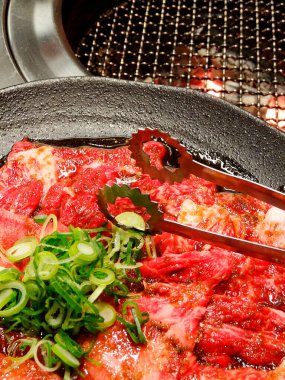 Arka planda bitkiler olan Japon bifteği barbeküsü.