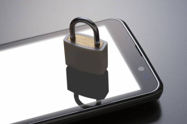 Modern cep telefonunun yakın plan görüntüsü ve gri arkaplanda asma kilit