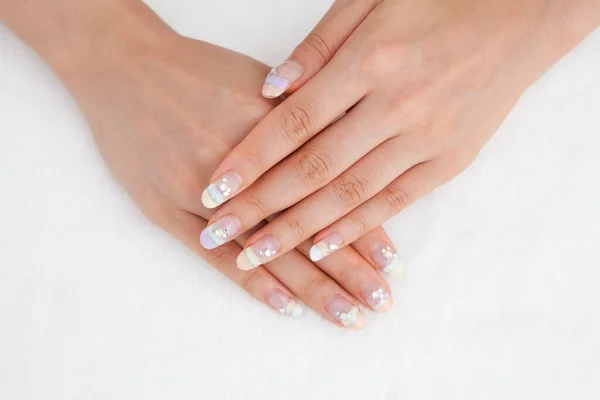 Woman Hands Manicured Nails White Towel — Stock Photo, Image