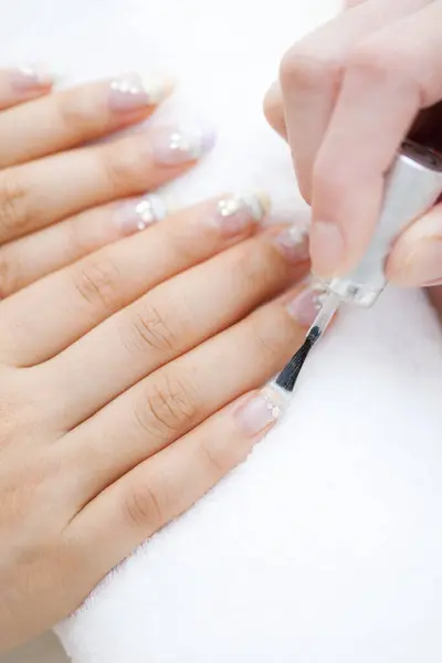 Laying Nail Polish Woman Nails Close — Stock Photo, Image