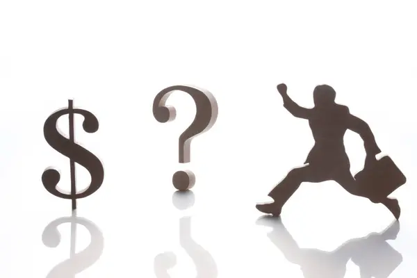 Conceito Homem Negócios Correndo Para Dólar Sinal Pergunta — Fotografia de Stock