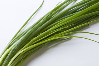 Beyaz arkaplanda taze yeşil soğan 