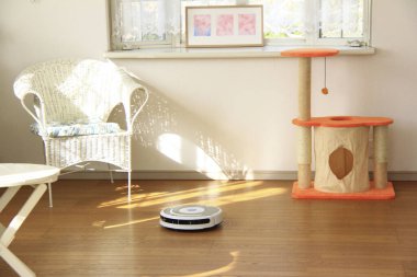 Robot süpürgesi kedi ağacı ve sandalyenin yakınındaki ahşap zemini temizliyor.