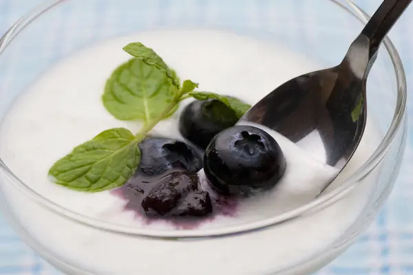 Blueberries Yogurt Mint Leaves Glass Stock Picture