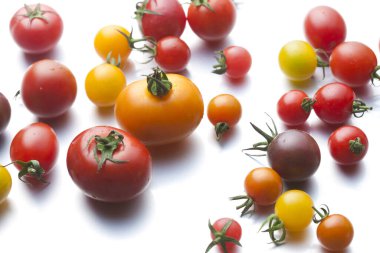 Taze olgun çeşitli organik domateslerin yakın plan görüntüsü     