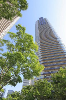 Tokyo, Japonya 'da gökdelenler ve mavi gökyüzü.