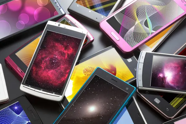 Close Mobile Phones Bright Screens Dark Background — Stock Photo, Image