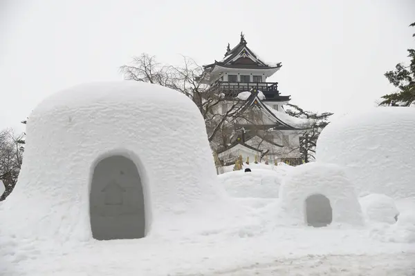 Naturskön Bild Vackra Antika Japanska Tempel Med Snötäckta Förgrunden — Stockfoto