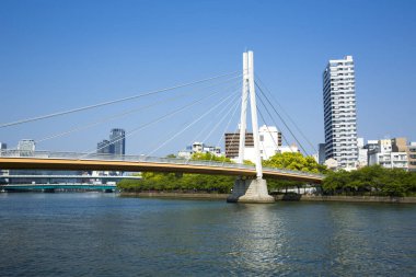 Osaka şehrinin modern mimarisi, Japonya, gündüz görüşü 