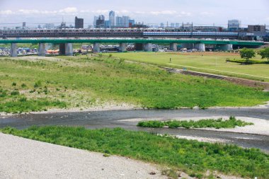Çimenli nehir kenarı manzarasında akan su ve uzak şehir silueti yer alır.