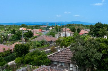 Uzak mavi dağlara bakan yemyeşil ağaçların arasındaki çatılar
