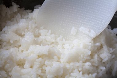 Arkadaki tabakta beyaz pirinç, kapat.